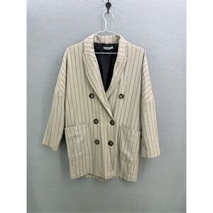 Clew Womens Cream Black Striped Double Breasted Linen Relaxed Fit Blazer Size L